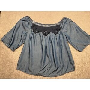 Crown & Ivy Blue Chambray Shirt Blouse Off Shoulder Tag says M Fits like Large L